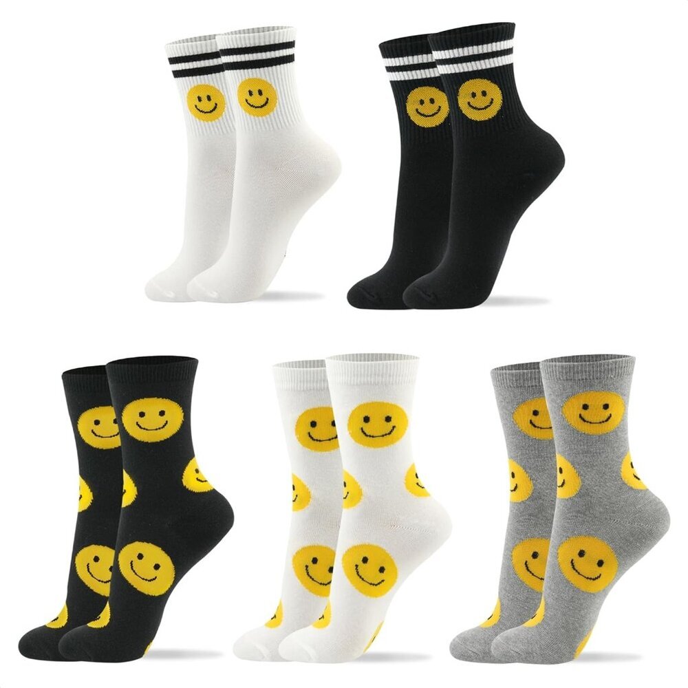 Kikiya Women's Cotton Crew Socks - Cute Smiley Face Funny Bow Fruit Graphic Craz